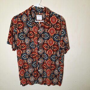 Denim & Flower Large Orange Blue Psychedelic Floral Short Sleeve Button Up Shirt